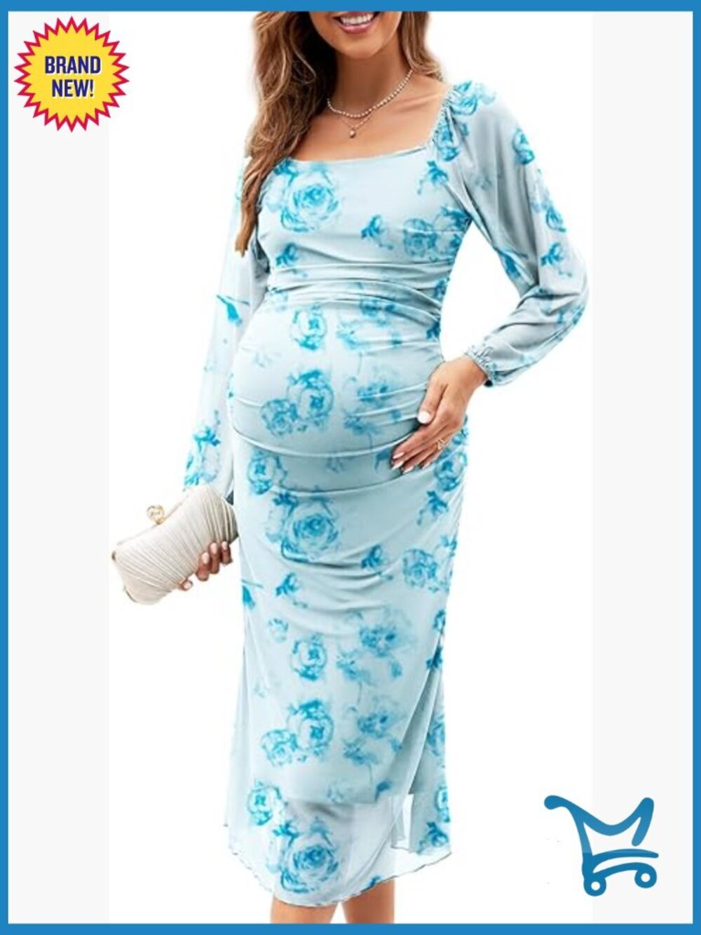 Mesh Ruched Maternity Dress Bodycon Square Neck Puff Sleeve